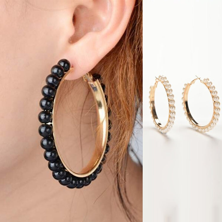 1 Pair Girls Hoop Pearl Earring With Big Circle, Black, White, Black and White