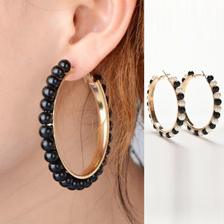 1 Pair Girls Hoop Pearl Earring With Big Circle, Black, White, Black and White