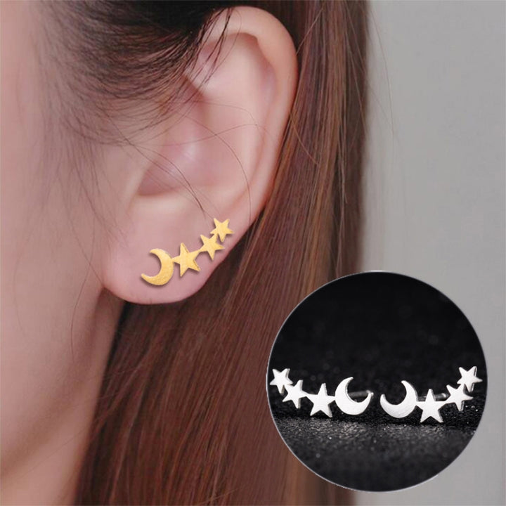 Simple Moon Star Stud Earrings for Women Birthday Gift Jewelry, Gold, Rose Gold, Silver