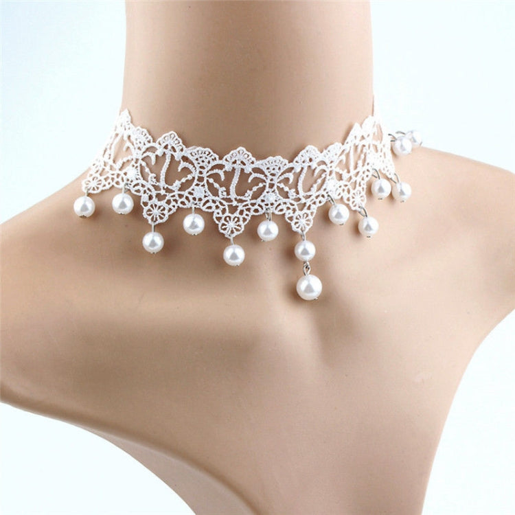 Women Fashion Elegant Vintage Imitation Pearl White Lace Choker Necklaces Bridal Jewelry