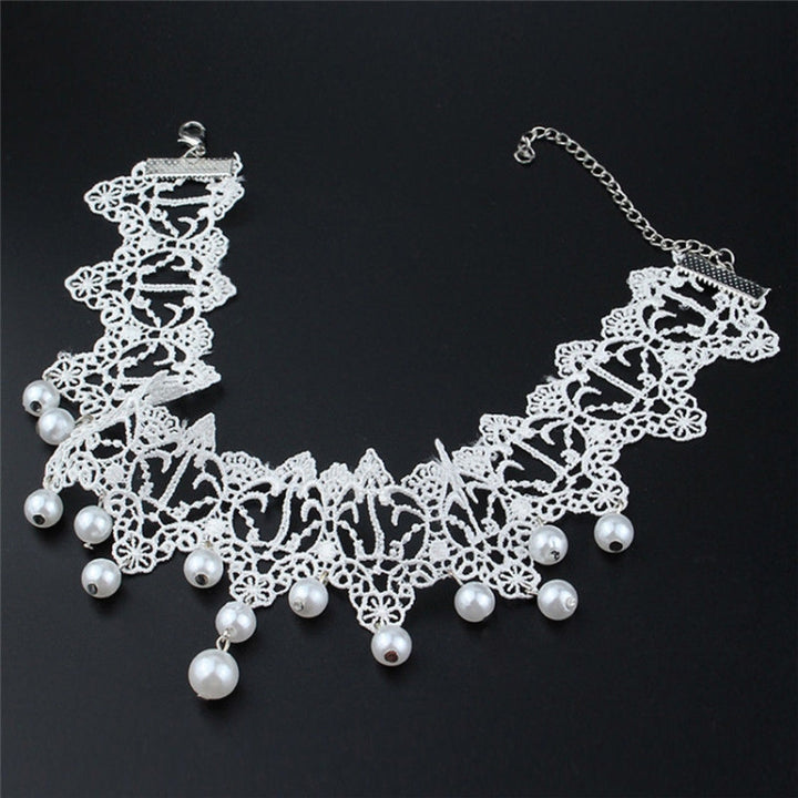 Women Fashion Elegant Vintage Imitation Pearl White Lace Choker Necklaces Bridal Jewelry