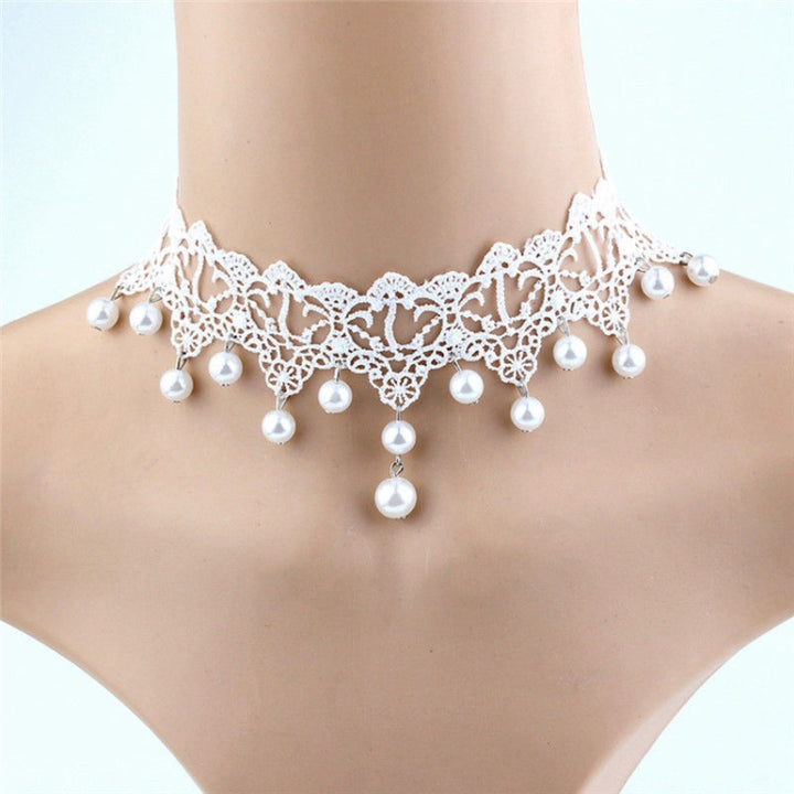 Women Fashion Elegant Vintage Imitation Pearl White Lace Choker Necklaces Bridal Jewelry