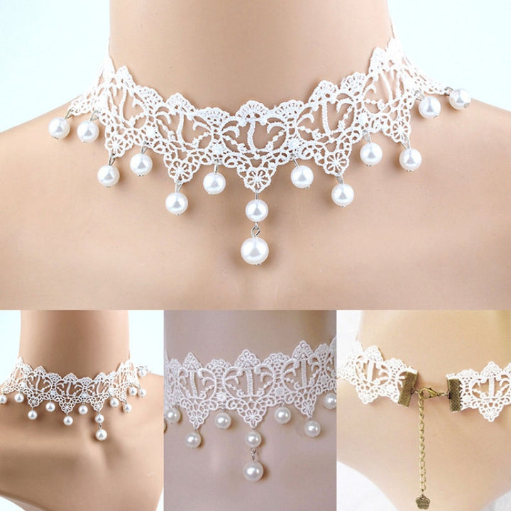 Women Fashion Elegant Vintage Imitation Pearl White Lace Choker Necklaces Bridal Jewelry