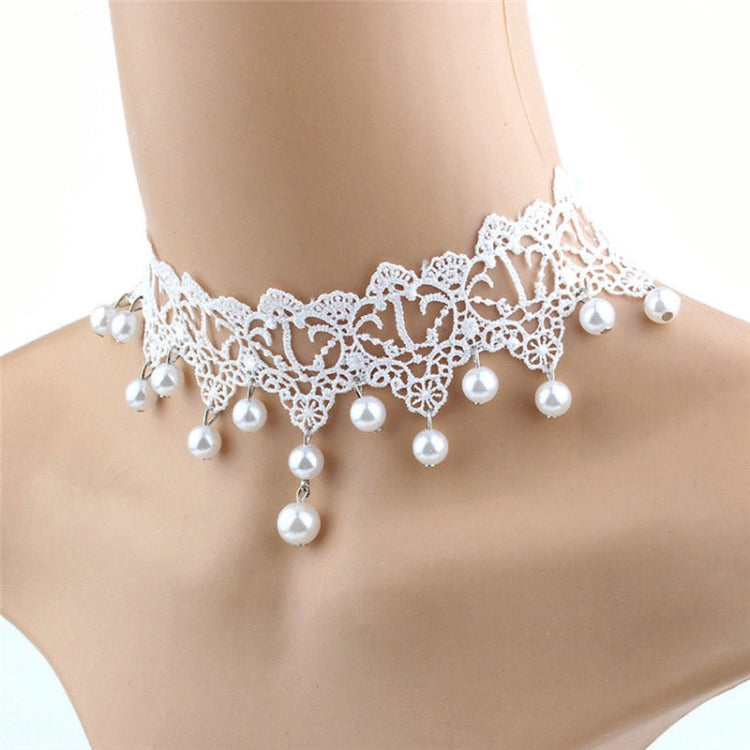 Women Fashion Elegant Vintage Imitation Pearl White Lace Choker Necklaces Bridal Jewelry