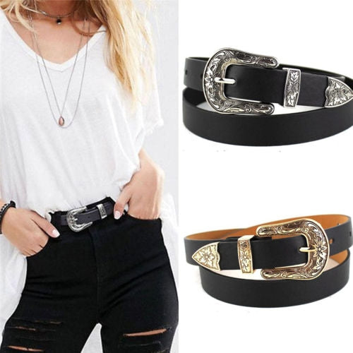 Women Black Leather Western Cowgirl Waist Metal Buckle Waistband New Hot, Gold single button black bottom, Gold double buckle black bottom, Silver single button black bottom, Silver double buckle black bottom, Widened gold double buckle black bottom