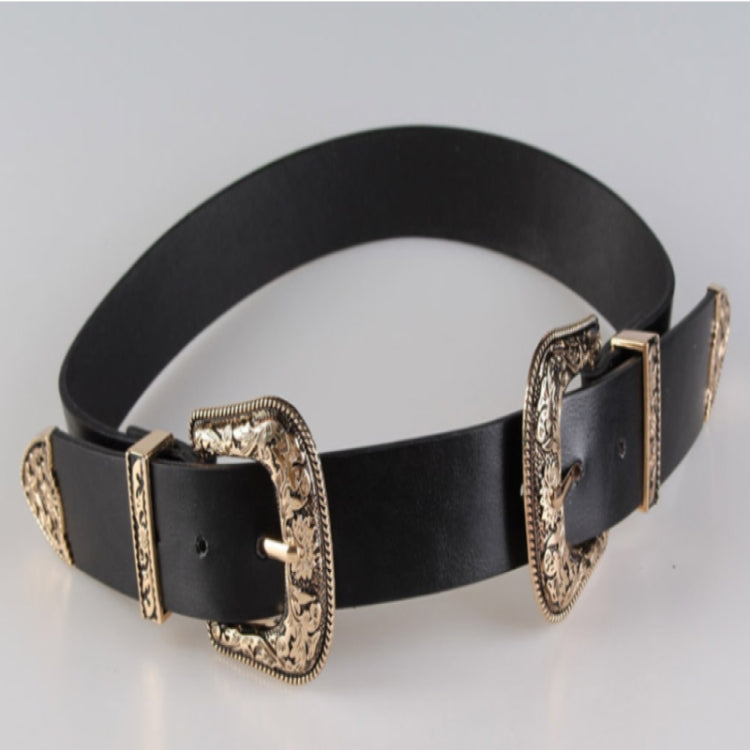 Women Black Leather Western Cowgirl Waist Metal Buckle Waistband New Hot, Gold single button black bottom, Gold double buckle black bottom, Silver single button black bottom, Silver double buckle black bottom, Widened gold double buckle black bottom