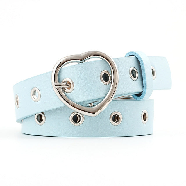 3PCS Narrow Thin Leather Silver Metal Heart Buckle Belts for Women, 105cm