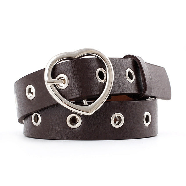 3PCS Narrow Thin Leather Silver Metal Heart Buckle Belts for Women, 105cm