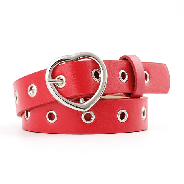 3PCS Narrow Thin Leather Silver Metal Heart Buckle Belts for Women, 105cm