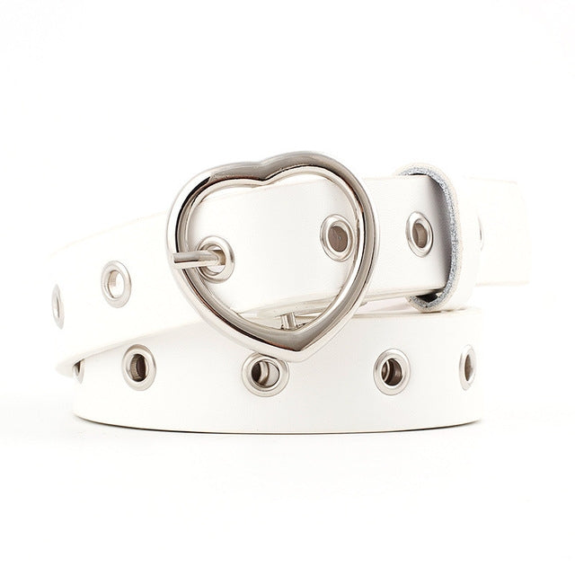 3PCS Narrow Thin Leather Silver Metal Heart Buckle Belts for Women, 105cm