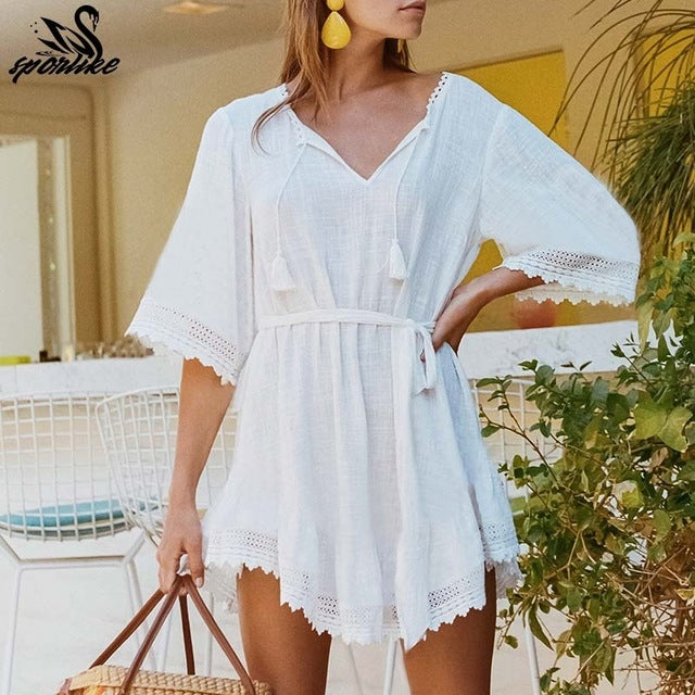 Bikini White Beach Dress Cotton Lace Cover-ups Swimsuit