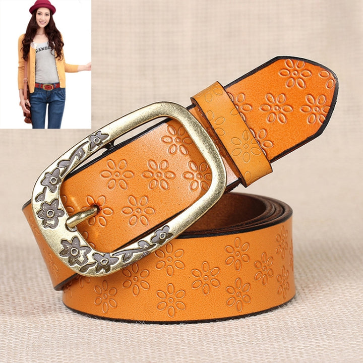 Ladies Plum Blossom Pattern Metal Buckle PU Leather Belt