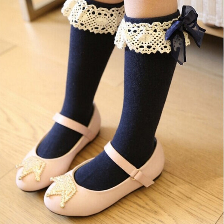 Lace Bow Princess Socks Cotton Girl High Knee Socks, S, M