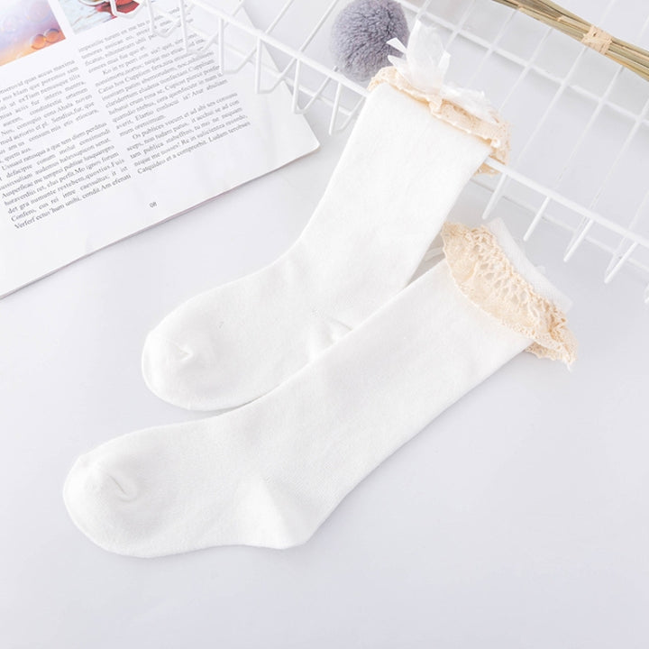 Lace Bow Princess Socks Cotton Girl High Knee Socks, S, M