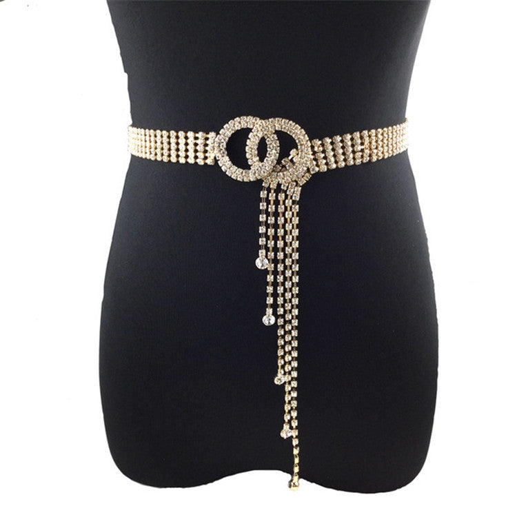 Women Double Loop Shape Diamond Belt Waist Chain, 120cm