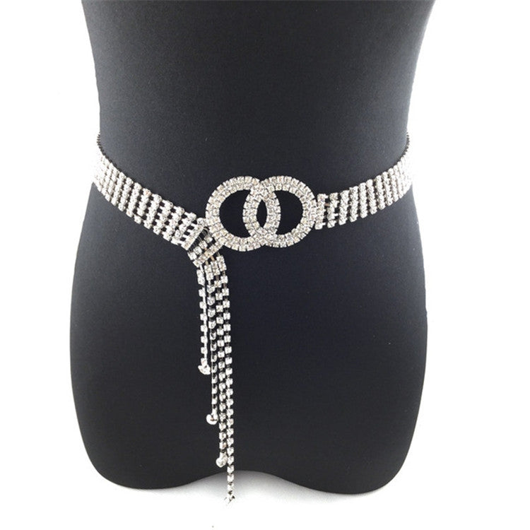 Women Double Loop Shape Diamond Belt Waist Chain, 120cm