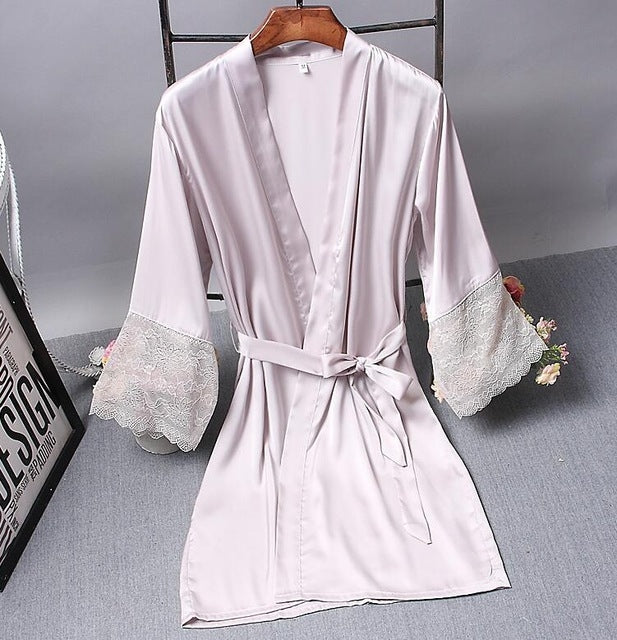 Robes  Elegant Sleepwear Sexy Lace Women Dressing Kimono Silk Bath Robe, M, L, XL, XXL