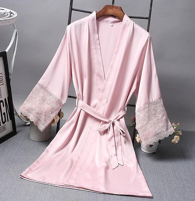 Robes  Elegant Sleepwear Sexy Lace Women Dressing Kimono Silk Bath Robe, M, L, XL, XXL