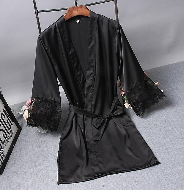 Robes  Elegant Sleepwear Sexy Lace Women Dressing Kimono Silk Bath Robe, M, L, XL, XXL