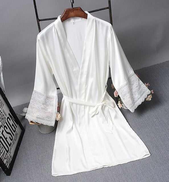 Robes  Elegant Sleepwear Sexy Lace Women Dressing Kimono Silk Bath Robe, M, L, XL, XXL