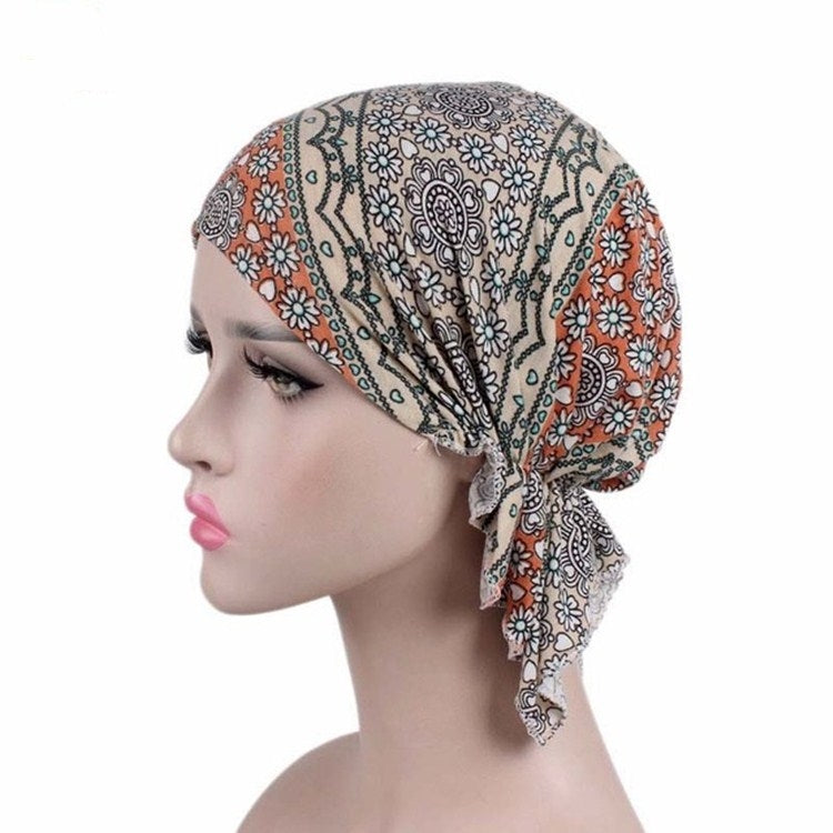 Stretch Cotton Printed Turban Cap Chemotherapy Cap Toe Cap, One Size