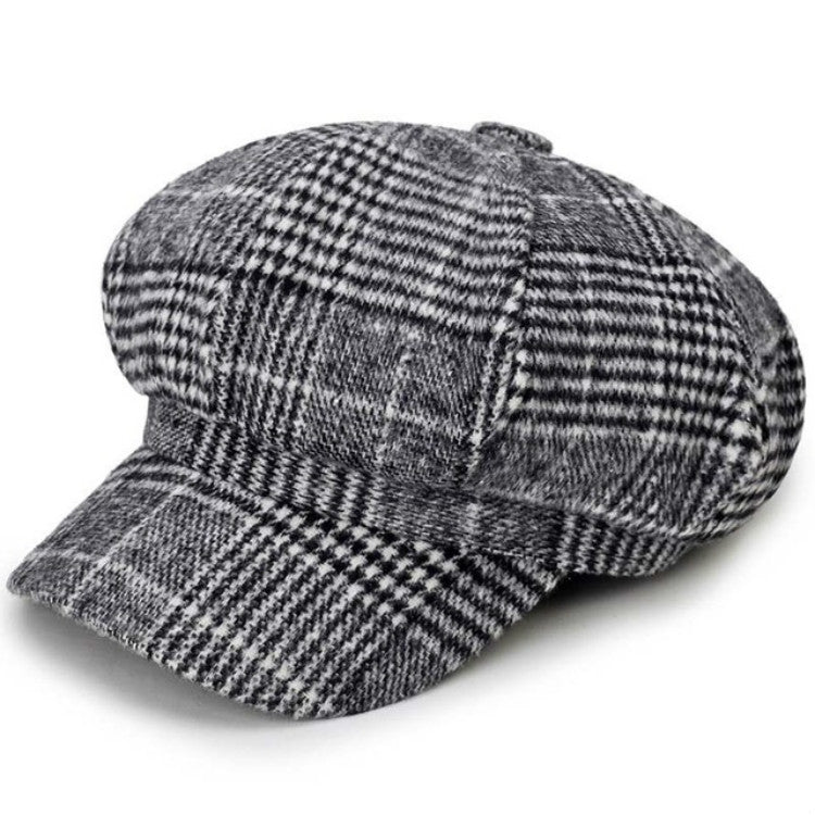 Autumn and Winter Retro Style Woolen Plaid Beret Octagonal Cap, 58cm