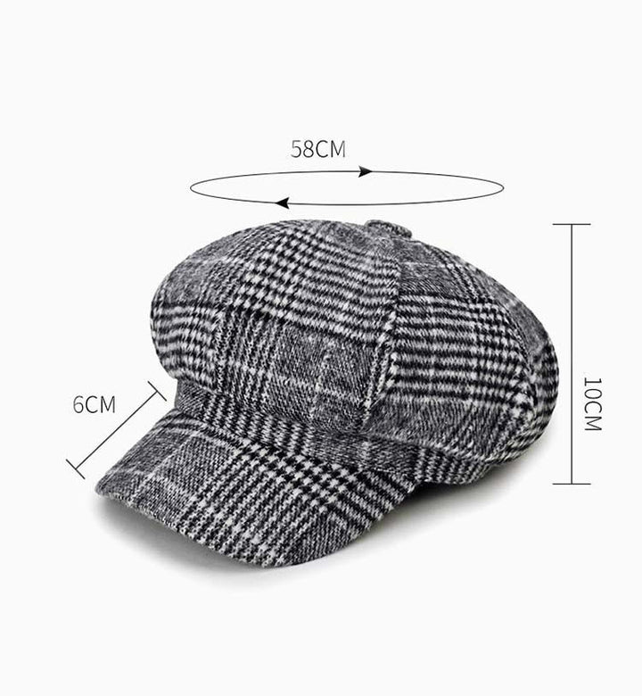 Autumn and Winter Retro Style Woolen Plaid Beret Octagonal Cap, 58cm