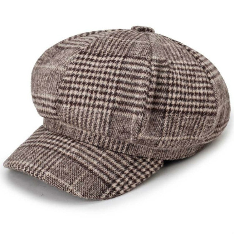 Autumn and Winter Retro Style Woolen Plaid Beret Octagonal Cap, 58cm