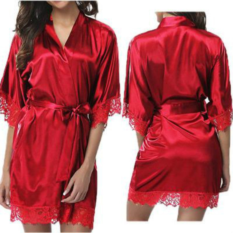 Half Sleeve Robe Women Faux Silk Pajama Sexy Night Dress, L, M, S, XL