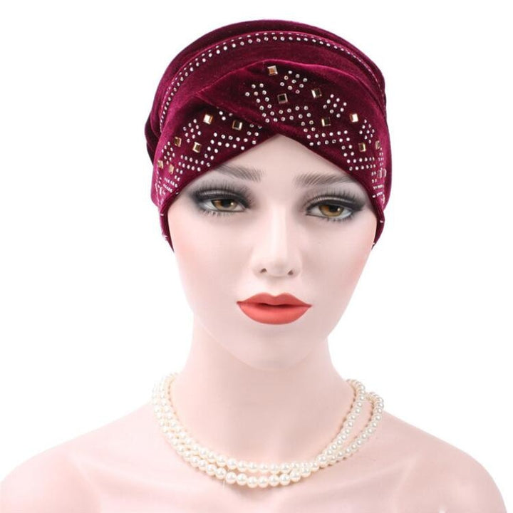 Pleuche Rhinestone Turban Hat Stacking Hat, Adjustable