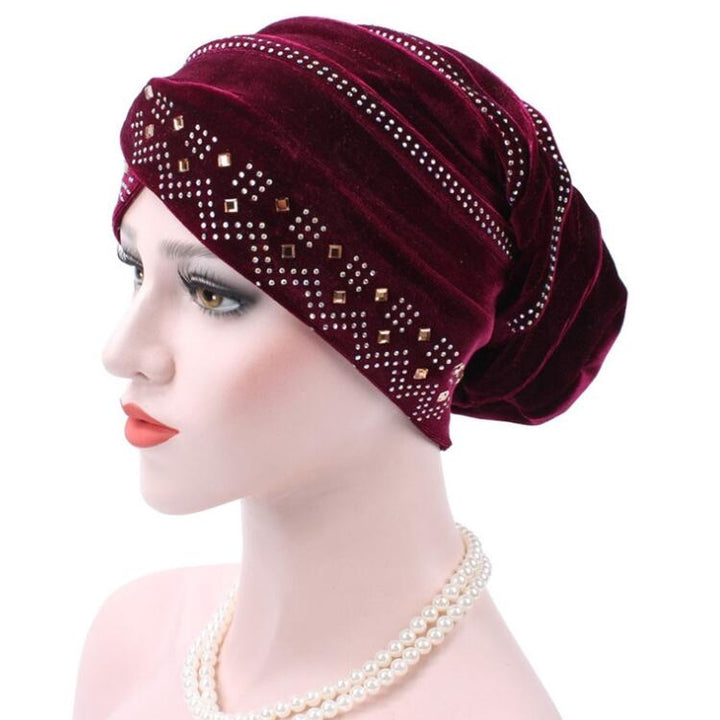 Pleuche Rhinestone Turban Hat Stacking Hat, Adjustable