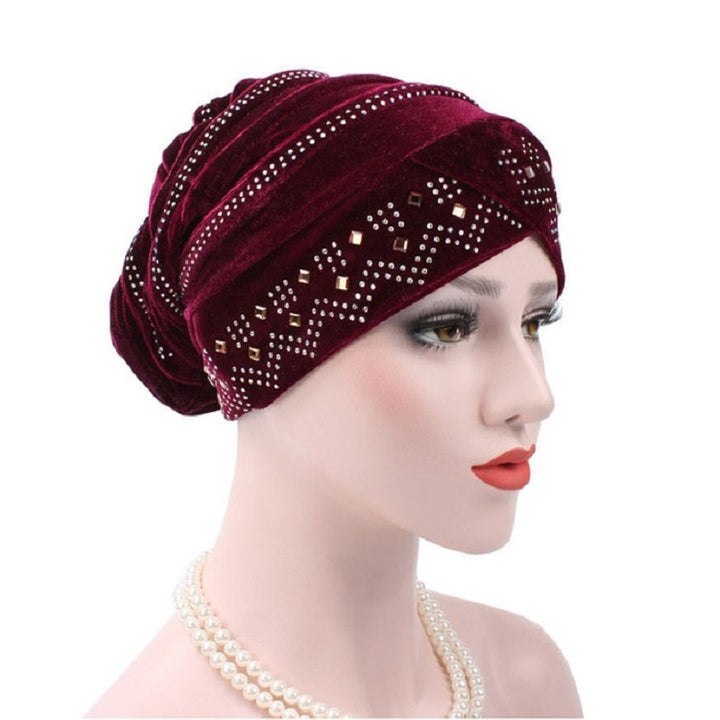 Pleuche Rhinestone Turban Hat Stacking Hat, Adjustable