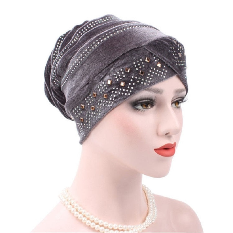 Pleuche Rhinestone Turban Hat Stacking Hat, Adjustable