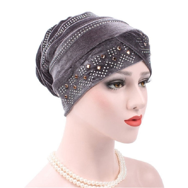 Pleuche Rhinestone Turban Hat Stacking Hat, Adjustable