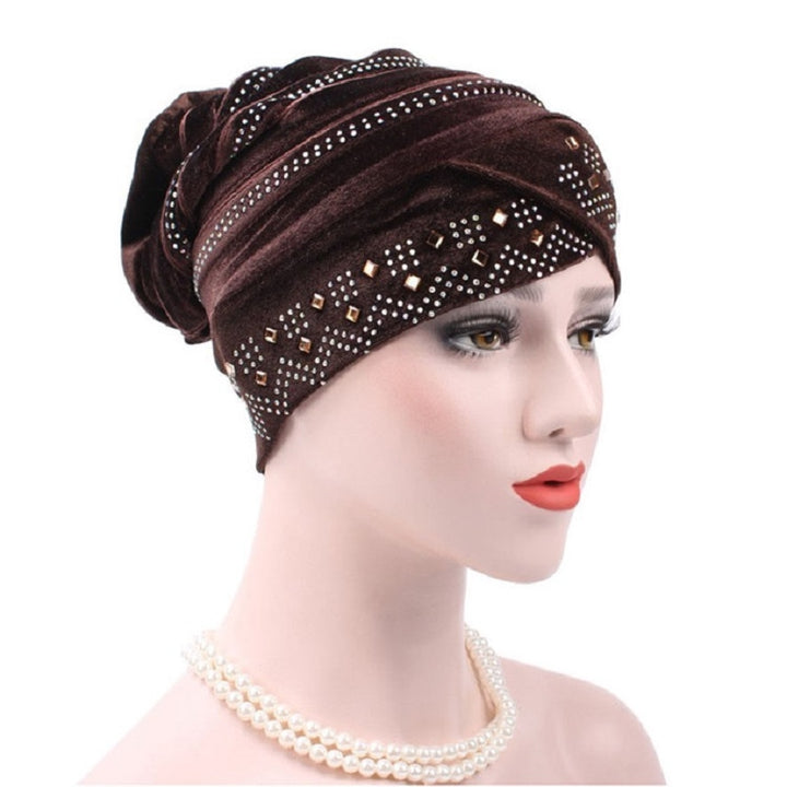 Pleuche Rhinestone Turban Hat Stacking Hat, Adjustable