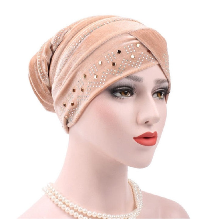 Pleuche Rhinestone Turban Hat Stacking Hat, Adjustable