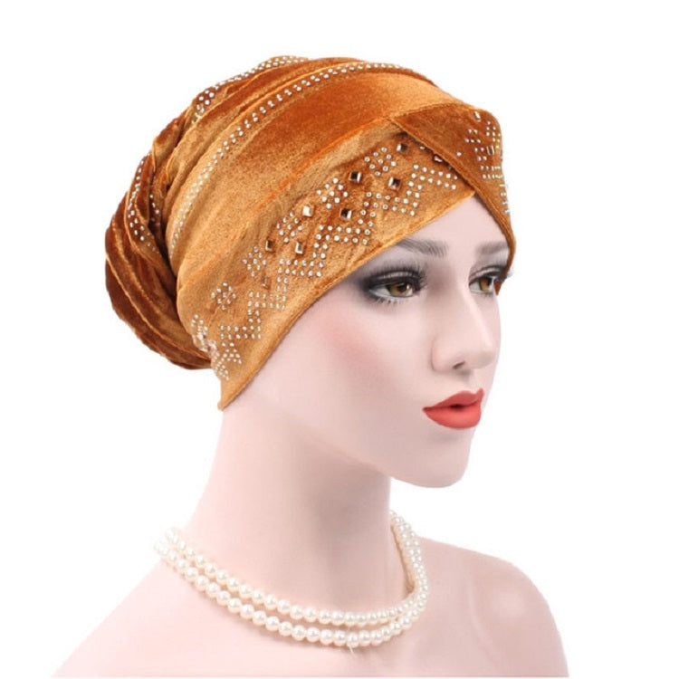 Pleuche Rhinestone Turban Hat Stacking Hat, Adjustable