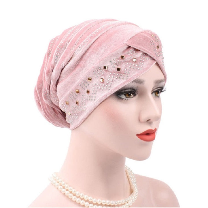 Pleuche Rhinestone Turban Hat Stacking Hat, Adjustable