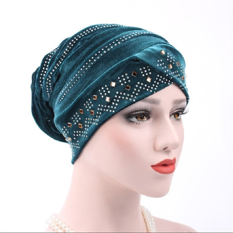 Pleuche Rhinestone Turban Hat Stacking Hat, Adjustable