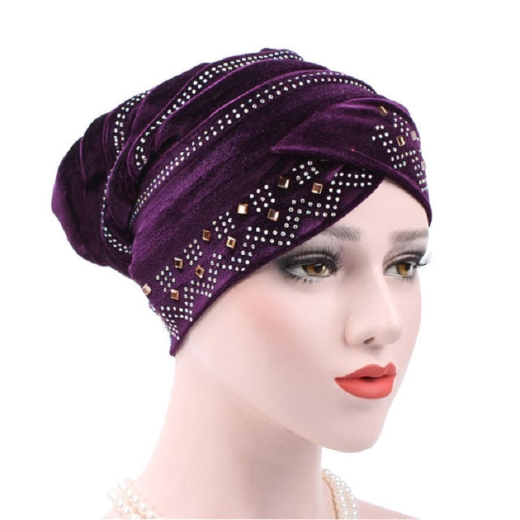 Pleuche Rhinestone Turban Hat Stacking Hat, Adjustable