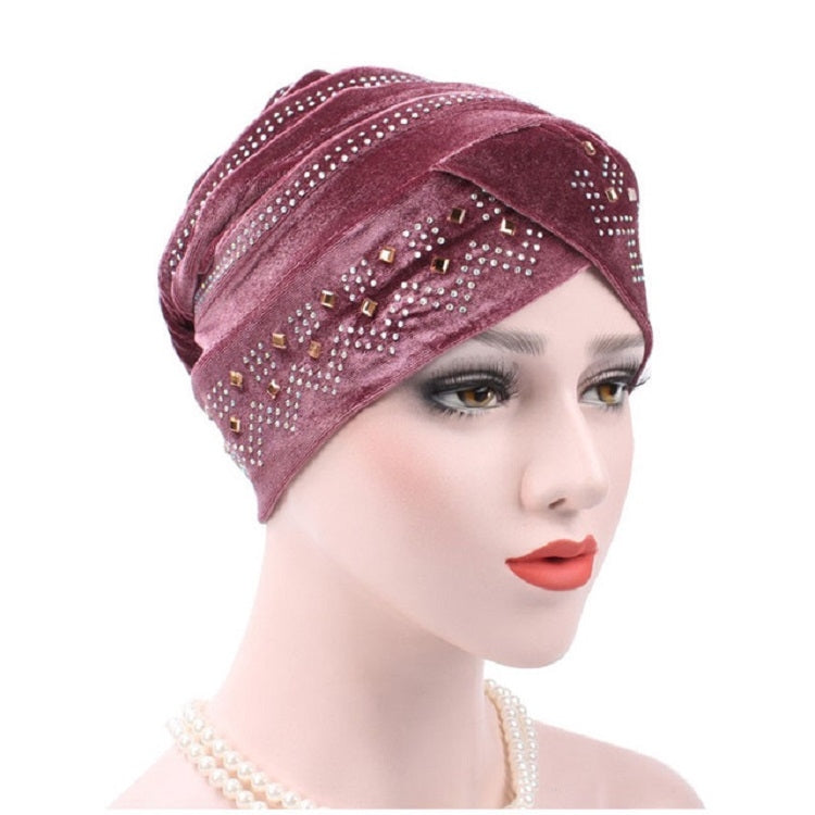 Pleuche Rhinestone Turban Hat Stacking Hat, Adjustable