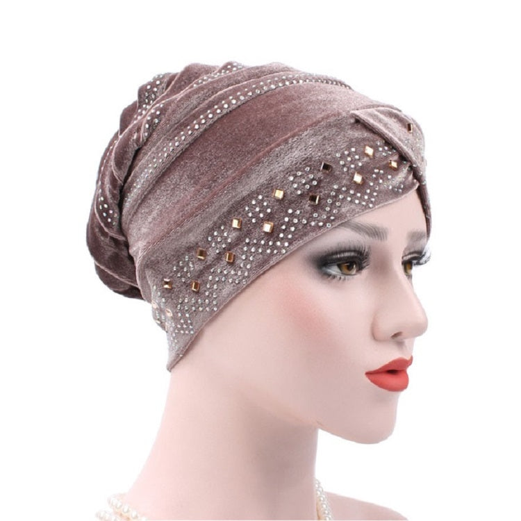 Pleuche Rhinestone Turban Hat Stacking Hat, Adjustable