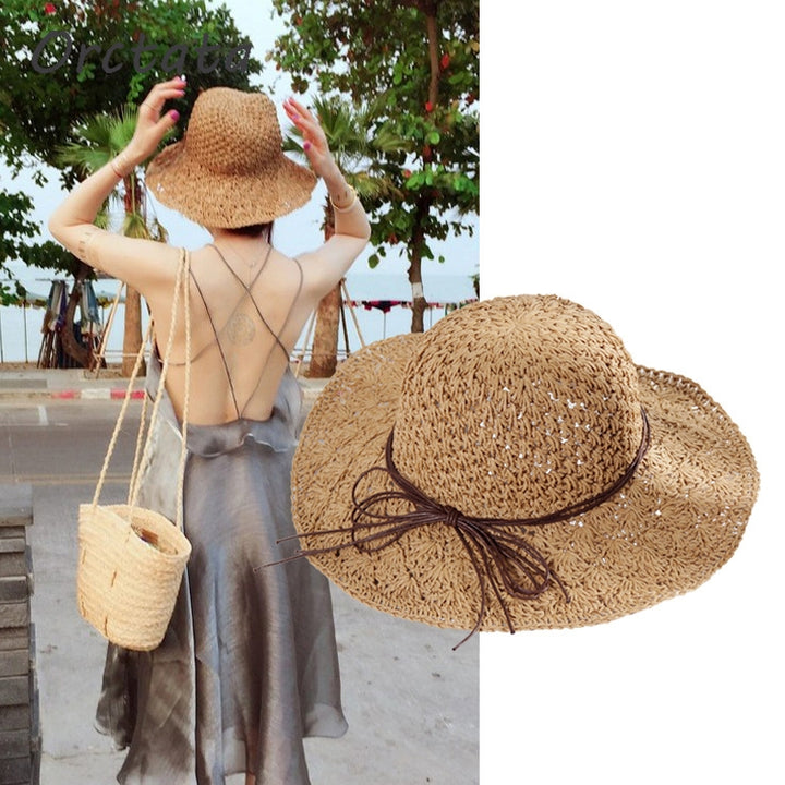 Literary Style Foldable Bow Straw Hat Sunhat