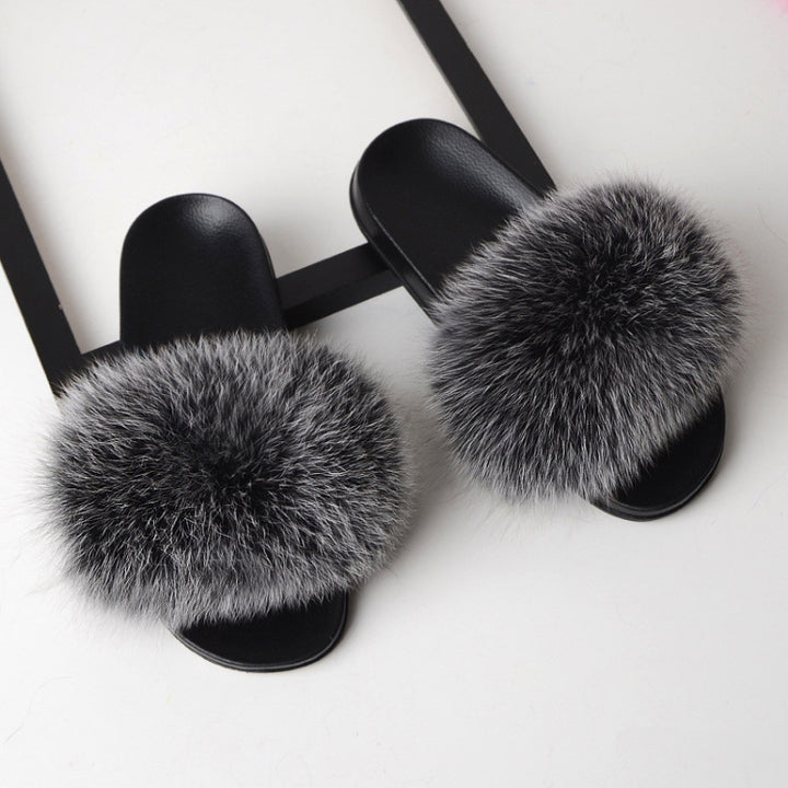 Fox Fur Slippers Flip-flops Non-slip Flat Fur Shoes Sandals for Women, 36-37(23cm)