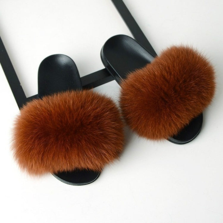 Fox Fur Slippers Flip-flops Non-slip Flat Fur Shoes Sandals for Women, 36-37(23cm)