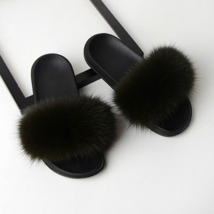 Fox Fur Slippers Flip-flops Non-slip Flat Fur Shoes Sandals for Women, 36-37(23cm)