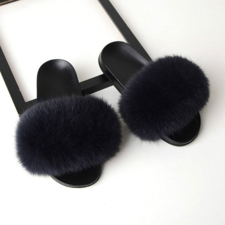 Fox Fur Slippers Flip-flops Non-slip Flat Fur Shoes Sandals for Women, 36-37(23cm)