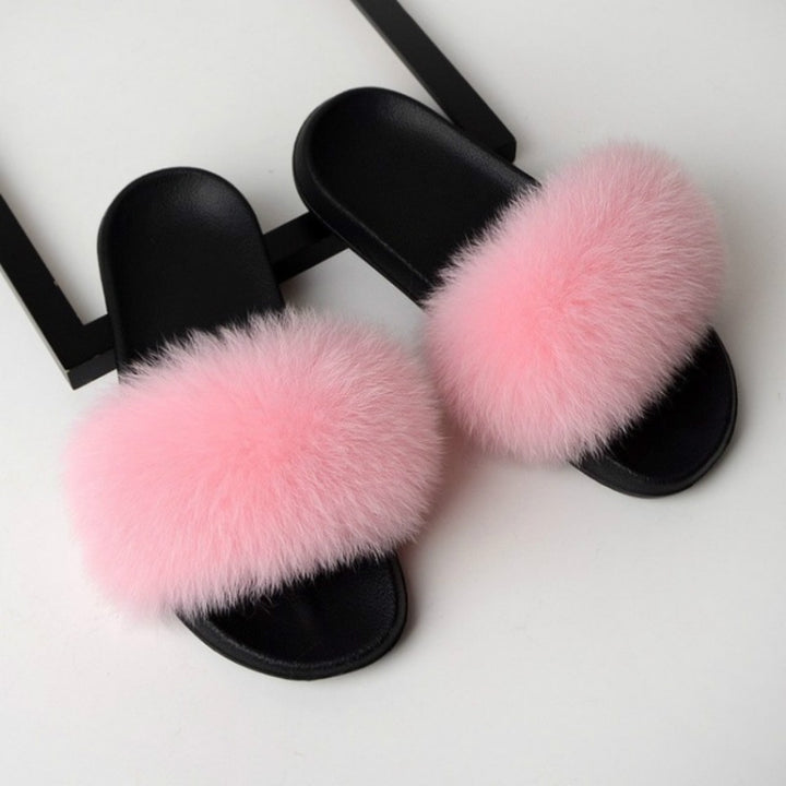 Fox Fur Slippers Flip-flops Non-slip Flat Fur Shoes Sandals for Women, 36-37(23cm)