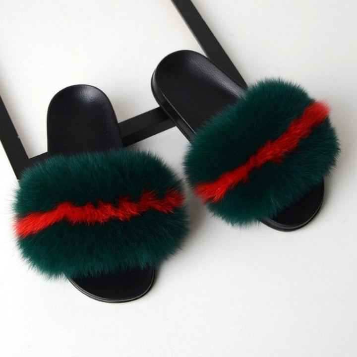 Fox Fur Slippers Flip-flops Non-slip Flat Fur Shoes Sandals for Women, 36-37(23cm)