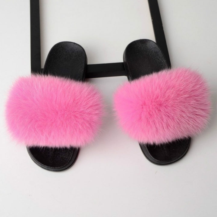 Fox Fur Slippers Flip-flops Non-slip Flat Fur Shoes Sandals for Women, 36-37(23cm)